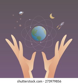 Hands is holding Earth and Space, Science, Astrology, World, Vector illustration