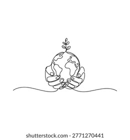 hands holding earth with sprout continuous line art