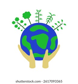 hands holding the earth with trees 