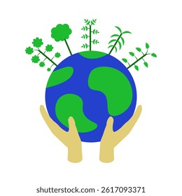 hands holding the earth with trees 