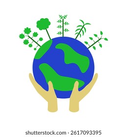 hands holding the earth with trees 