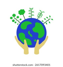 hands holding the earth with trees 