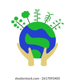 hands holding the earth with trees 