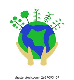 hands holding the earth with trees 