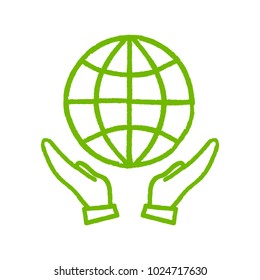 Hands holding the Earth vector hand drawn icon isolated on white backgroung