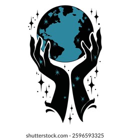 Hands Holding the Earth vector, Human hand holding the blue globe drawing design vector element.
