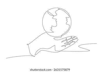 Hands holding the earth. World environment day concept one-line drawing