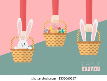 Hands are holding Easter baskets. Easter greeting card