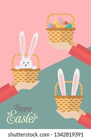 Hands are holding Easter baskets. Easter greeting card