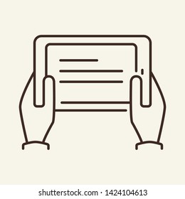 Hands holding eBook line icon. Web app, smartphone, hand gesture, reading. Touchscreen concept. Vector illustration can be used for topics like interface, mobile phone, technologies