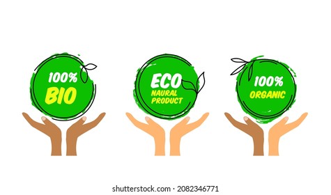 Hands Holding Eco Green Organic Products Round Banners Hand Drawn