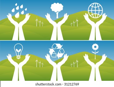 Hands holding up ecological symbols. Vector illustration.