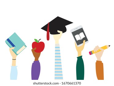 Hands holding education items background
