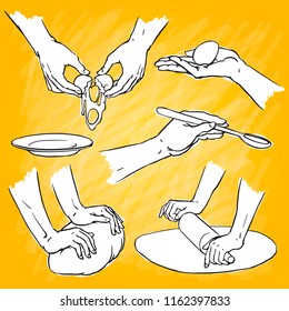 Hands holding an egg, a spoon, a piece of dough, to sheet a dough with a rolling pin on a yellow background. Vector illustration