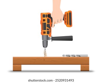 Hands holding electric drill vector illustration on white background.
Construction and building concept.