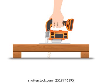 Hands holding electric jigsaw vector illustration on white background.
Construction and building concept.