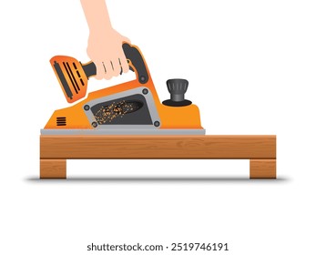 Hands holding electric planer vector illustration on white background.
Construction and building concept.