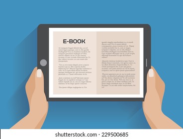 Hands Holding Electronic Book, Flat Design Concept. Using E-book, Eps 10 Vector Illustration