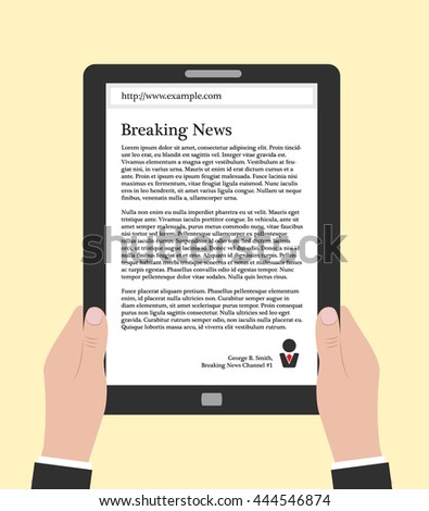 Hands holding electronic book or smart-phone, flat design concept. Using e-book, eps 10 vector illustration. Man reading news online. Person in suit holding tablet or smart phone with text on it.
