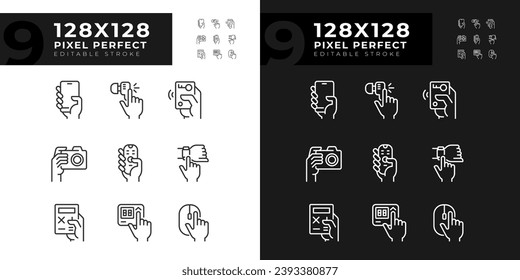 Hands holding electronic gadgets pixel perfect linear icons set for dark, light mode. Digital equipment usage. Thin line symbols for night, day theme. Isolated illustrations. Editable stroke