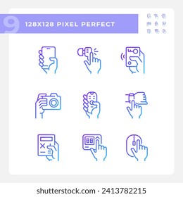 Manos con gadgets electrónicos píxel gradiente perfecto conjunto de iconos vectoriales lineales. Uso de equipos digitales. El símbolo de contorno delgado diseña el paquete. Colección de ilustraciones de esquema aisladas