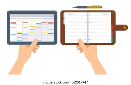 Hands are holding electronic and paper organizer and planner. Flat concept illustration of digital agenda on the tablet screen and business diary with leather cover. Vector schedule isolated on white.