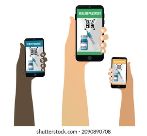 Hands holding Electronic vaccine barcode on phone screen. vaccination concept, vaccination passport. editable vector graphics.
