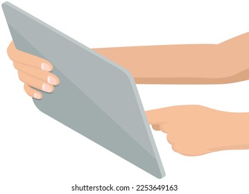 Hands holding electronical smart tablet. Electronic device with touch screen. Gadget for drawing and broadcasting to screen. Equipment for work or study. Modern tablet design vector illustration