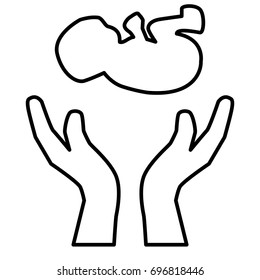Hands holding embryo or newborn child. Linear vector illustration