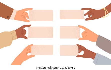 Hands holding empty blank speech bubbles set. Anonymous people sharing comments, opinions, showing online messages, feedback, notifications. Flat vector illustrations isolated on white background