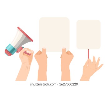 Hands holding empty blanks, banners, signs and megaphone. Announcement empty banner design vector illustration