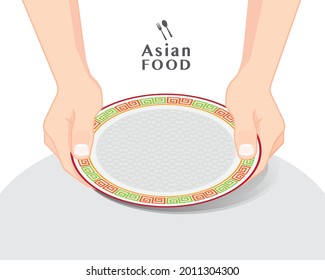 Hands holding empty plate over a table, isolated vector illustration