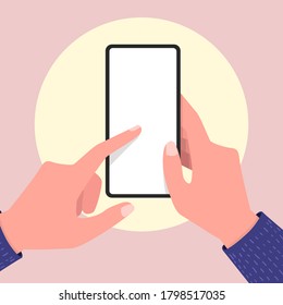 Hands holding empty screen mobile phone and pointing on the blank screen. Editable smartphone template.