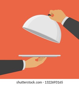 Hands holding empty silver tray and cloche. Restaurant plate in hand the waiter. Food serving tray. Vector illustration in modern flat style. EPS 10.