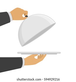 Hands holding empty silver tray and cloche. Restaurant plate in hand the waiter. Food serving tray. Vector illustration in modern flat style. EPS 10.