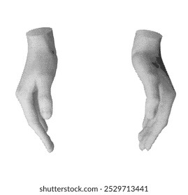 Mãos segurando espaço vazio. Vetor de estilo de meio-tom isolado no plano de fundo branco.