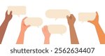 Hands holding empty speech bubbles, messages for communication with white background, illustration of communication banner. 