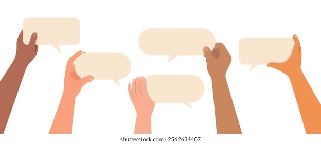 Hands holding empty speech bubbles, messages for communication with white background, illustration of communication banner. 