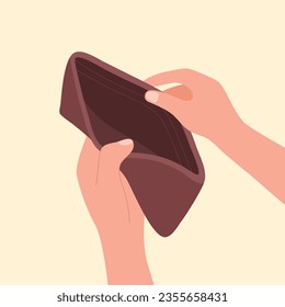 Hands holding empty wallet in flat design. Financial recession or jobless person. No budget. No money.