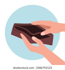 Hands holding empty wallet in flat design. Financial recession or jobless person. No budget. No money.