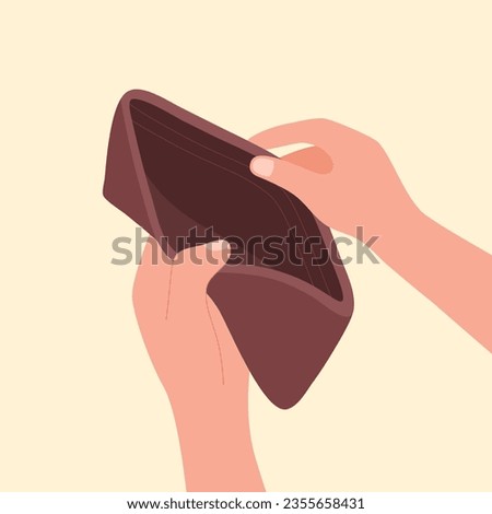 Hands holding empty wallet in flat design. Financial recession or jobless person. No budget. No money.