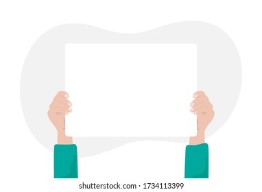 Hands holding empty white placard or poster. Hand holding a blank sheet of paper. Vector illustration