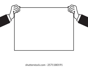 Hands holding empty white placard or board vector illustration.