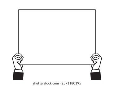 Hands holding empty white placard or board vector illustration.