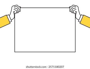 Hands holding empty white placard or board vector illustration.