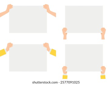 Hands holding empty white placard or board vector illustration.