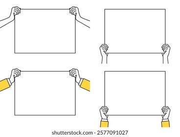 Hands holding empty white placard or board vector illustration.