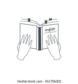 Hands Holding English Language Manual Black And White Hand Drawn Illustration In Simplified Graphic Style On White Background