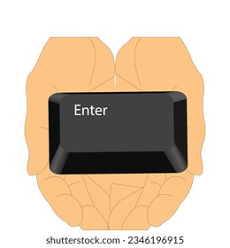 Hands holding the enter button key from a keyboard