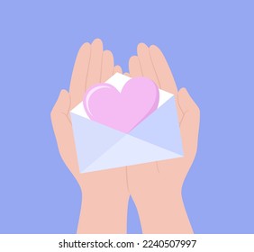 Hands holding envelope with big heart inside on a purple background, top view. Flat vector illustration